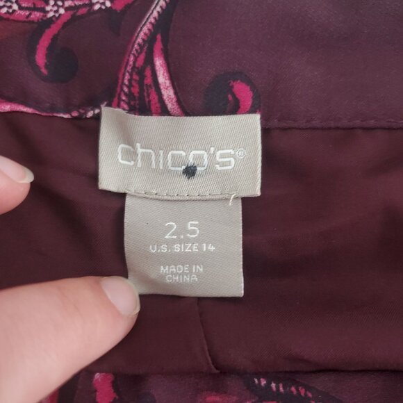 Chicos Womens Burgundy Floral Midi Skirt Size 2.5 US 14 Pleated Career Business - Picture 3 of 8